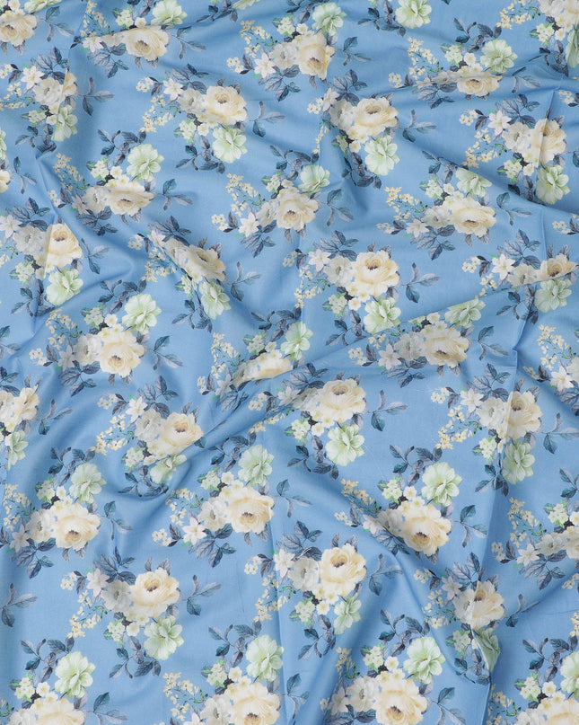 Air force blue cotton lawn fabric with multicolor print in floral design-D17299 (1.9 mtrs)