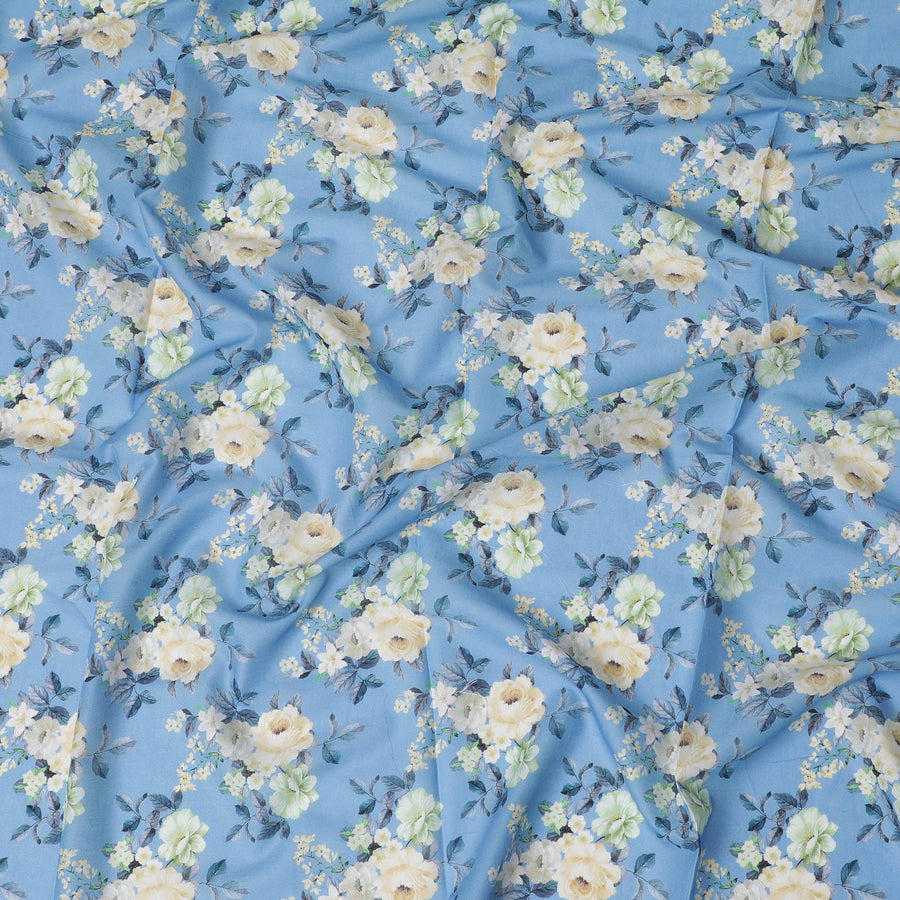 Air force blue cotton lawn fabric with multicolor print in floral design-D17299 (1.9 mtrs)