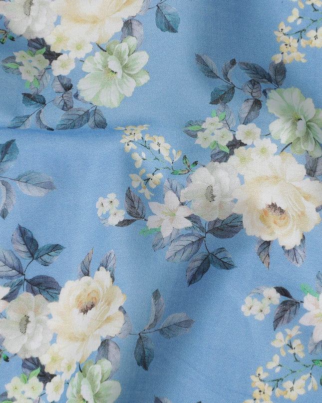 Air force blue cotton lawn fabric with multicolor print in floral design-D17299 (1.9 mtrs)