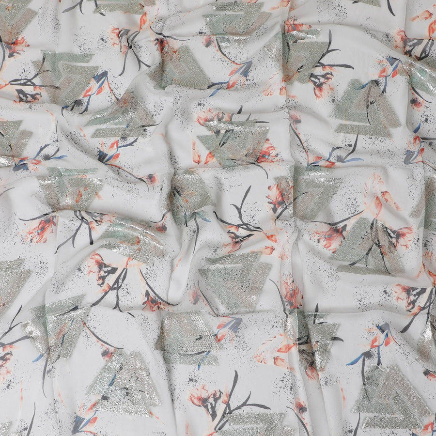 Grey synthetic chiffon fabric with multicolor print and metallic lurex in floral design-D17301 (1.8 mtrs)