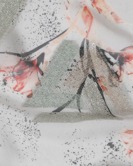 Grey synthetic chiffon fabric with multicolor print and metallic lurex in floral design-D17301 (1.8 mtrs)