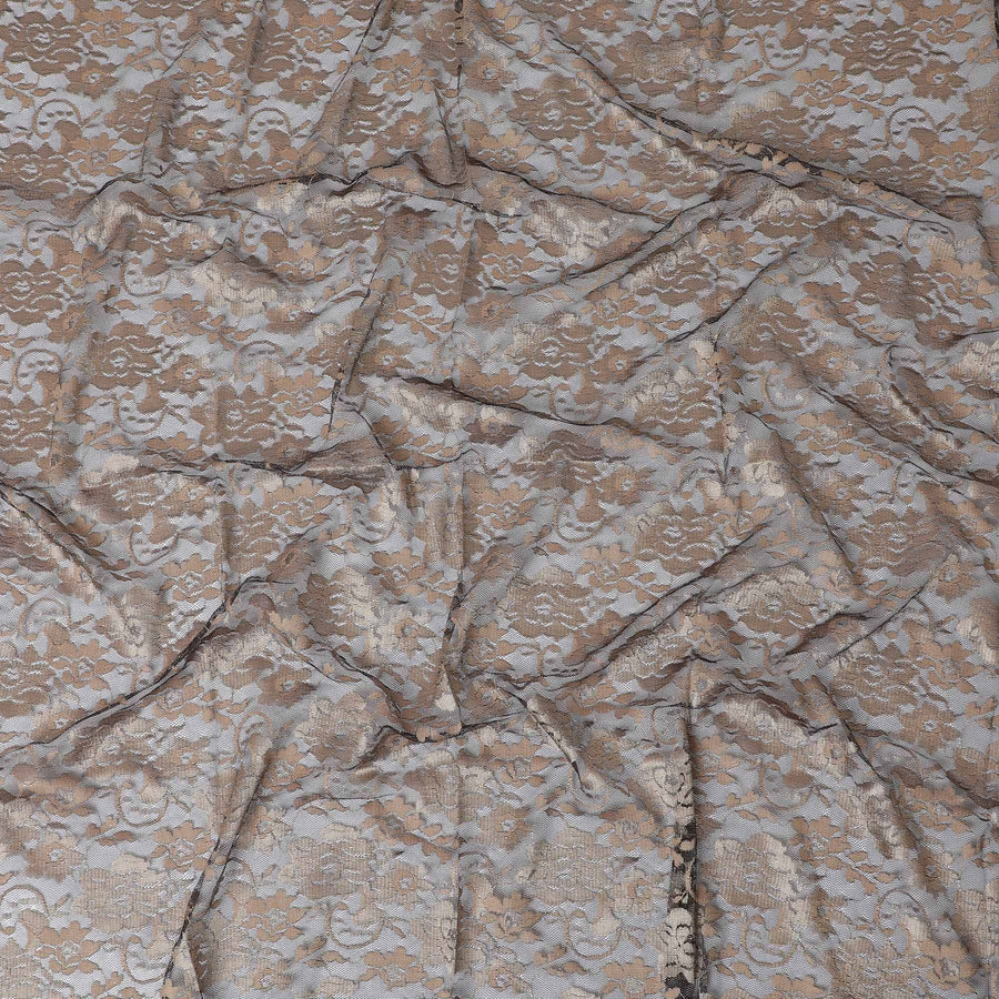 Gold, black synthetic 2tone lace fabric in floral design-D17302 (1.65 mtrs)