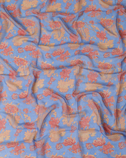 Azure blue synthetic chiffon fabric with multicolor print in floral design-D17303 (1.75 mtrs)