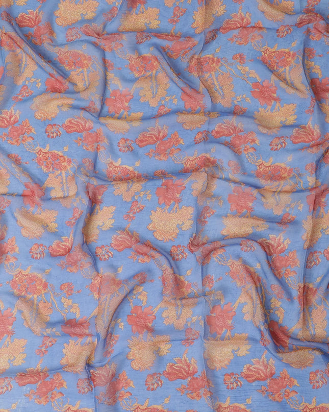 Azure blue synthetic chiffon fabric with multicolor print in floral design-D17303 (1.75 mtrs)