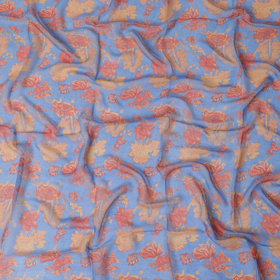 Azure blue synthetic chiffon fabric with multicolor print in floral design-D17303 (1.75 mtrs)
