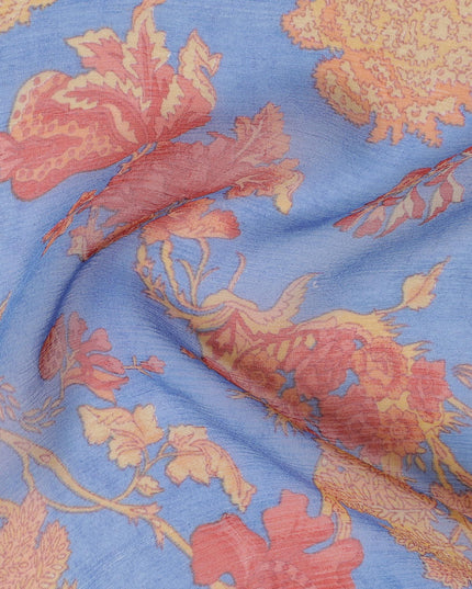 Azure blue synthetic chiffon fabric with multicolor print in floral design-D17303 (1.75 mtrs)