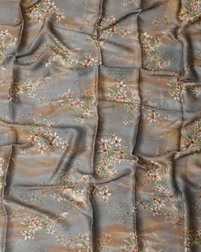 قماش ساتان صناعي رمادي اللون مع طباعة متعددة الألوان بتصميم زهور-D17304 (1.6 متر)