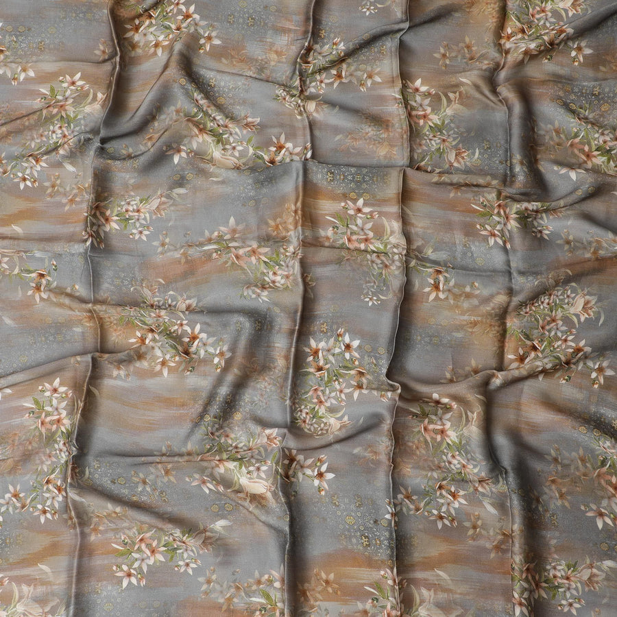قماش ساتان صناعي رمادي اللون مع طباعة متعددة الألوان بتصميم زهور-D17304 (1.6 متر)