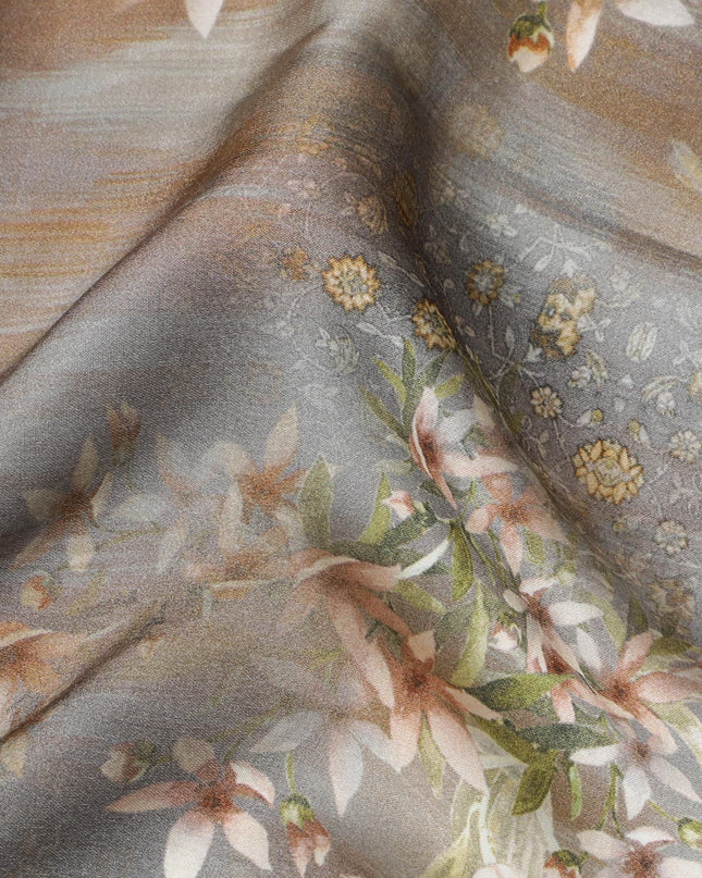 قماش ساتان صناعي رمادي اللون مع طباعة متعددة الألوان بتصميم زهور-D17304 (1.6 متر)
