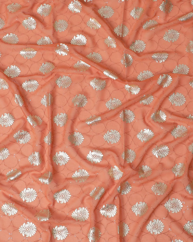 Rusty orange synthetic georgette fabric with  same tone sequin and gold foil print in floral design-D17305 (1.55 mtrs) Regal Fabrics