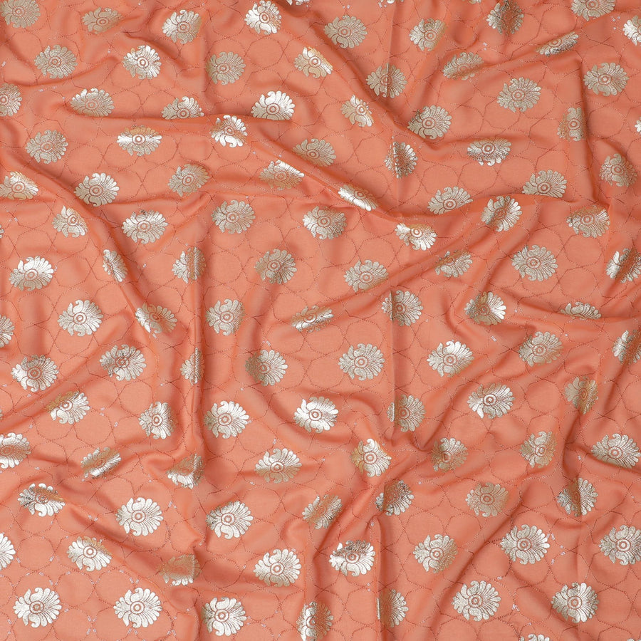 Rusty orange synthetic georgette fabric with  same tone sequin and gold foil print in floral design-D17305 (1.55 mtrs)