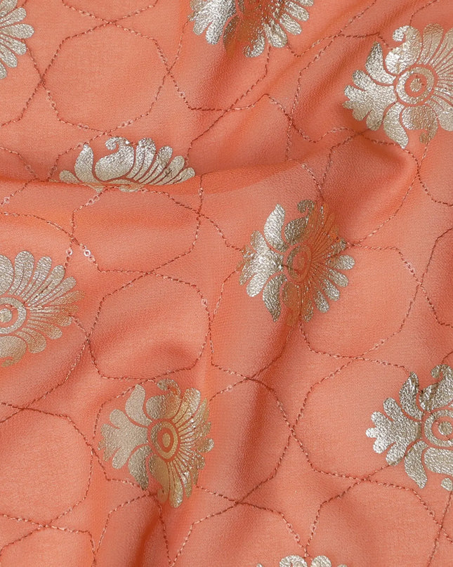 Rusty orange synthetic georgette fabric with  same tone sequin and gold foil print in floral design-D17305 (1.55 mtrs) Regal Fabrics