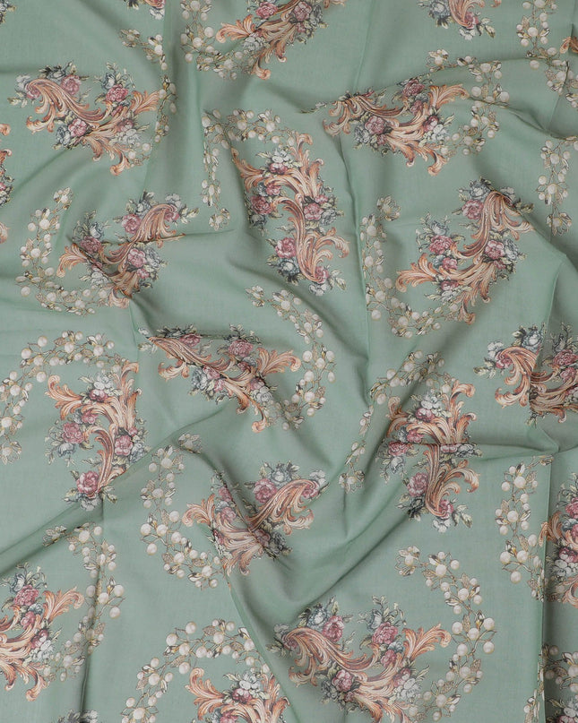 Jade green cotton voile fabric with multicolor print in floral design-D17307 (1.8 mtrs)