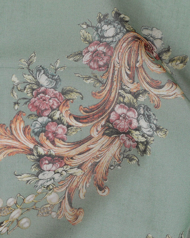 Jade green cotton voile fabric with multicolor print in floral design-D17307 (1.8 mtrs)