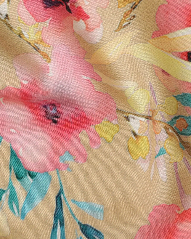 Mustard viscose fabric with multicolor print in floral design-D17319 (1.65 mtrs) Regal Fabrics
