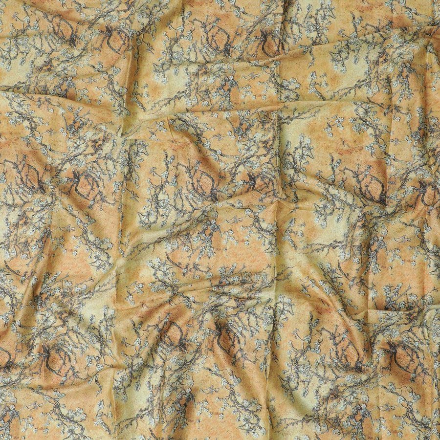 Mustard cotton satin fabric with multicolor print in floral design-D17320 (1.55 mtrs)