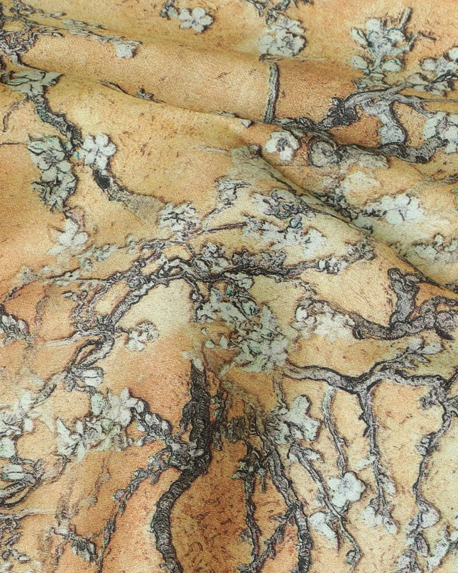 Mustard cotton satin fabric with multicolor print in floral design-D17320 (1.55 mtrs) Regal Fabrics