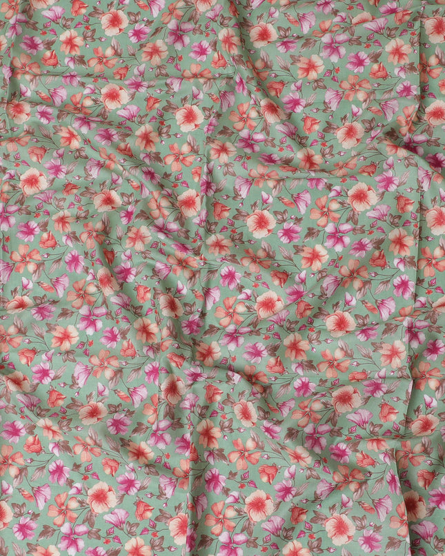 Jade green cotton lawn fabric with multicolor print in floral design-D17321 (1.6 mtrs)