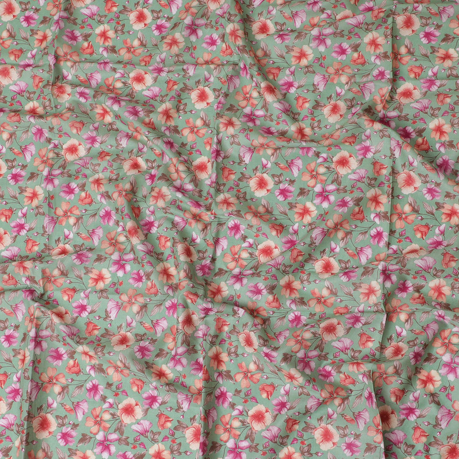 Jade green cotton lawn fabric with multicolor print in floral design-D17321 (1.6 mtrs)