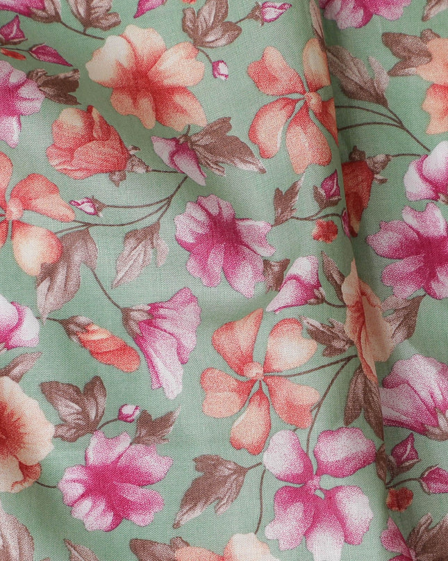 Jade green cotton lawn fabric with multicolor print in floral design-D17321 (1.6 mtrs)