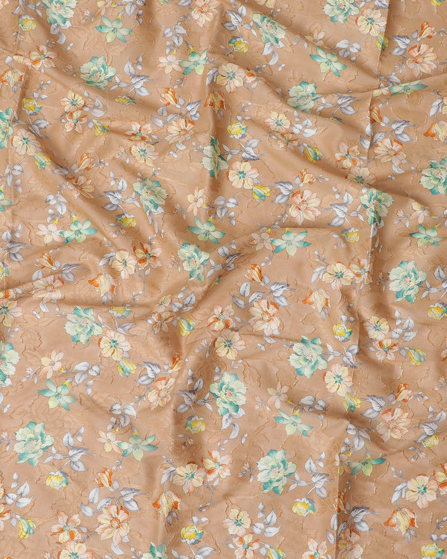 Light brown uragiri cotton voile fabric with same tone jacquard having multicolor print in floral design-D17322 (1.95 mtrs)