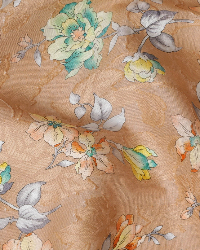 Light brown uragiri cotton voile fabric with same tone jacquard having multicolor print in floral design-D17322 (1.95 mtrs)