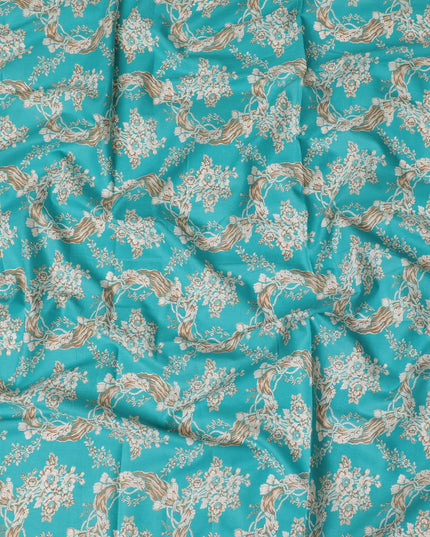 Turquoise blue cotton lawn fabric with multicolor print in floral design-D17323 (1.7 mtrs) Regal Fabrics