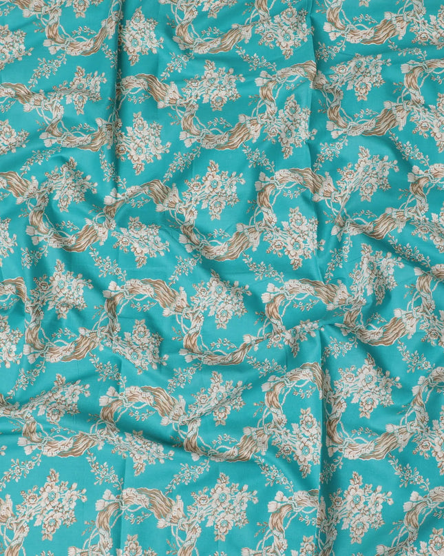Turquoise blue cotton lawn fabric with multicolor print in floral design-D17323 (1.7 mtrs) Regal Fabrics
