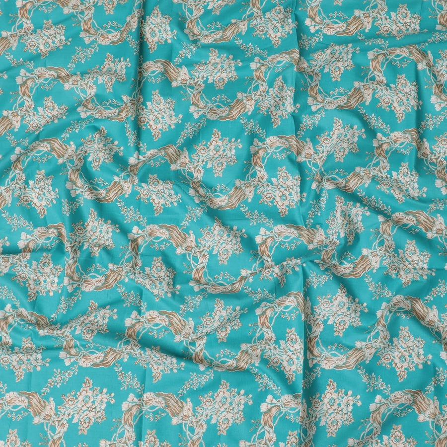 Turquoise blue cotton lawn fabric with multicolor print in floral design-D17323 (1.7 mtrs) Regal Fabrics