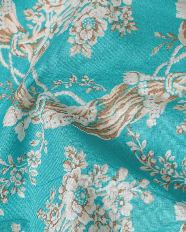 Turquoise blue cotton lawn fabric with multicolor print in floral design-D17323 (1.7 mtrs) Regal Fabrics
