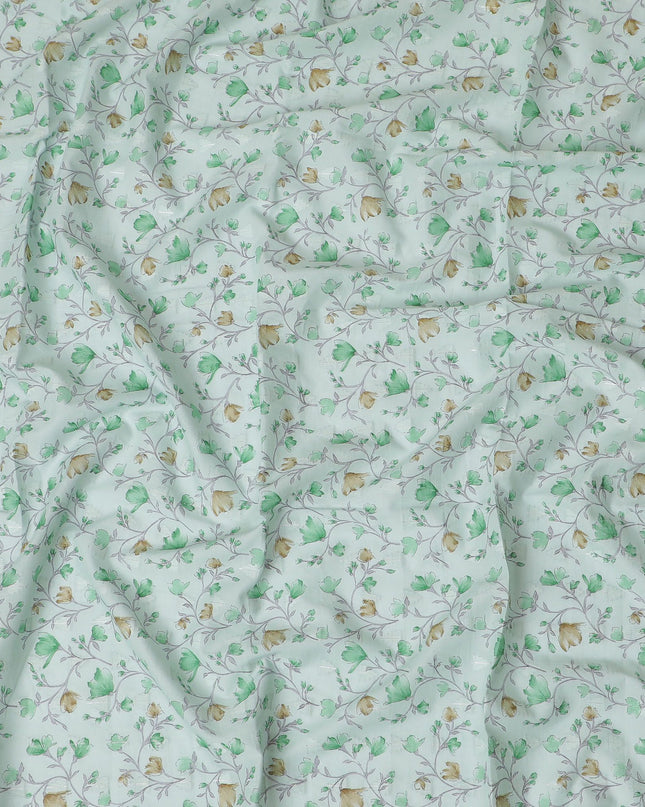 قماش فوال قطني أخضر لوريل مع سلك مشبك بنفس اللون مع طباعة باريس الخضراء والأخضر الزيتوني بتصميم الأزهار - D17324 (1.95 متر)