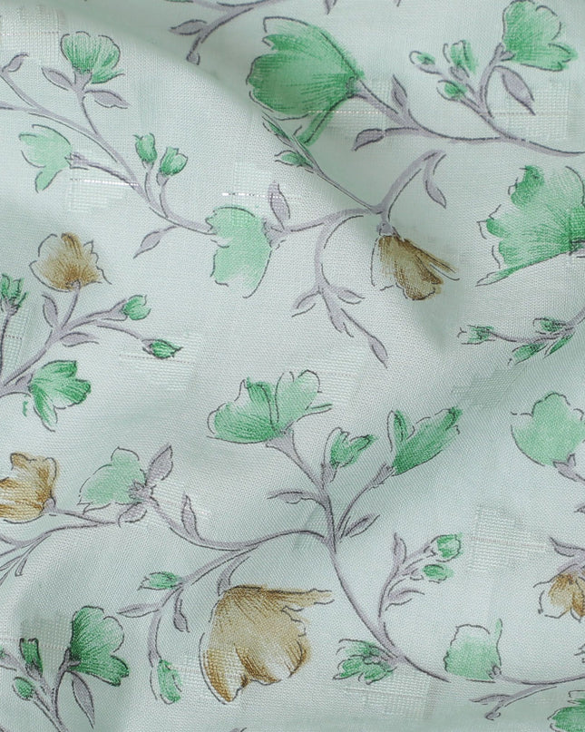 قماش فوال قطني أخضر لوريل مع سلك مشبك بنفس اللون مع طباعة باريس الخضراء والأخضر الزيتوني بتصميم الأزهار - D17324 (1.95 متر)