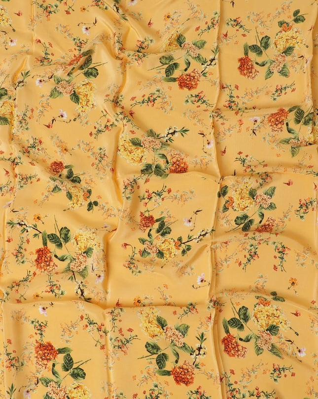 Mango orange synthetic crepe fabric with multicolor print in floral design-D17328 (1.4 mtrs) Regal Fabrics
