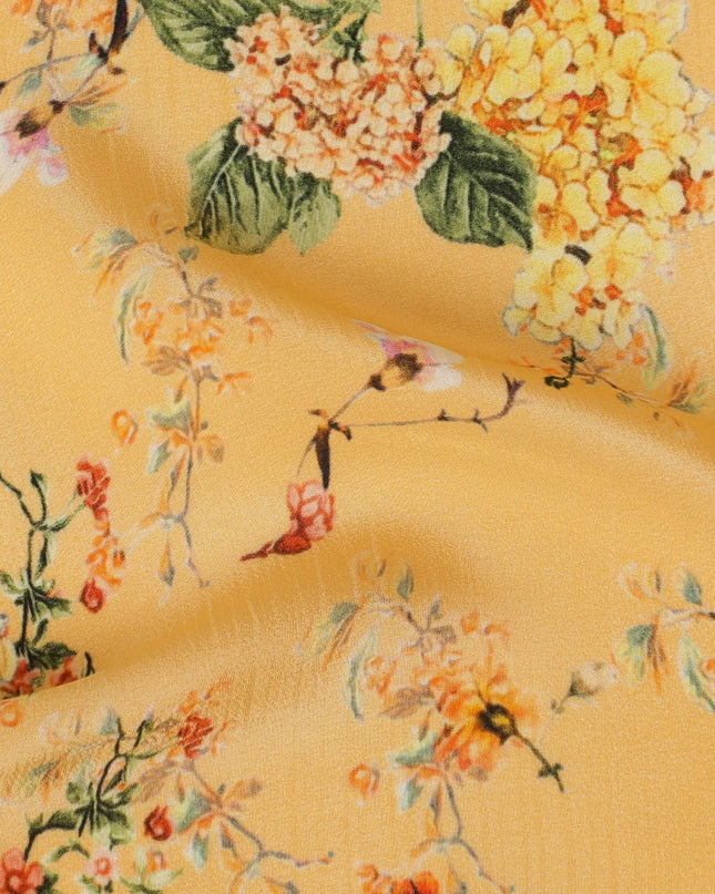 Mango orange synthetic crepe fabric with multicolor print in floral design-D17328 (1.4 mtrs) Regal Fabrics