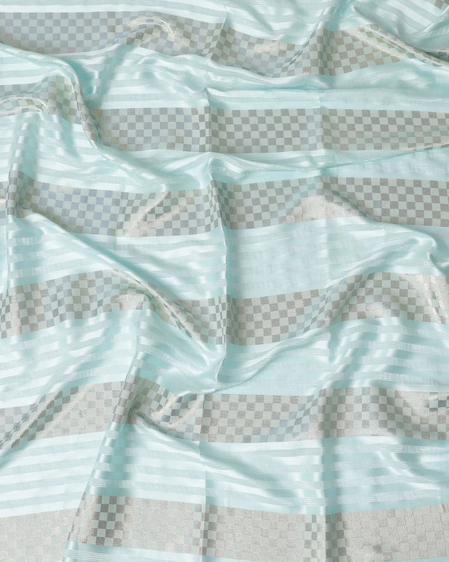 Mint blue synthetic satin fabric with gold and silver metallic lurex in geometric design-D17341 (2.5 mtrs) Regal Fabrics