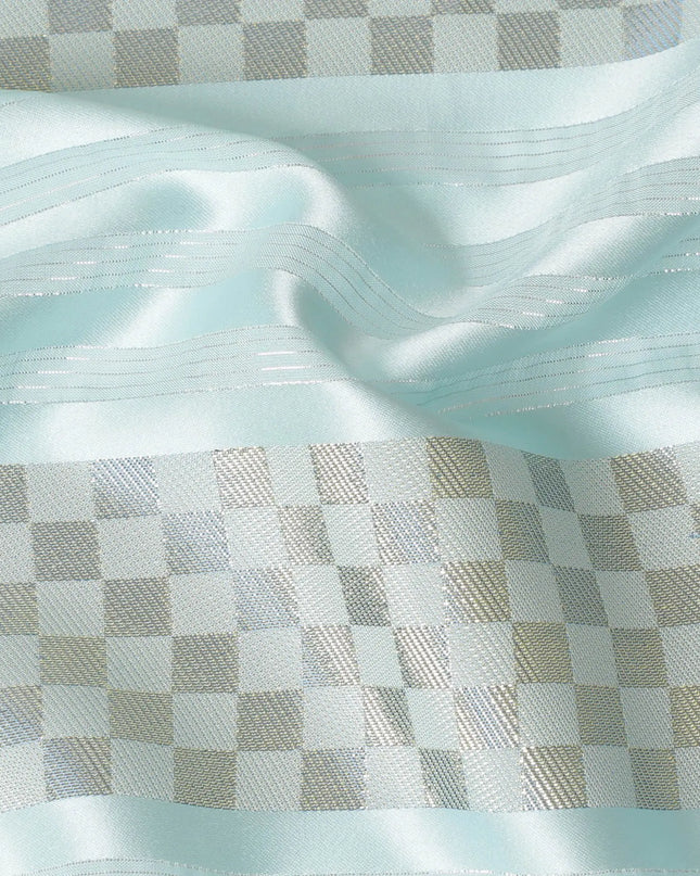 Mint blue synthetic satin fabric with gold and silver metallic lurex in geometric design-D17341 (2.5 mtrs) Regal Fabrics