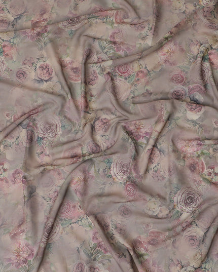 Brown cotton voile fabric with multicolor print in floral design-D17342 (1.75 mtrs)