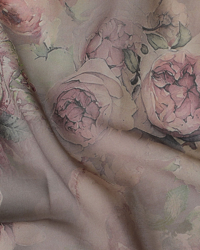 قماش فوال قطني بني مع طباعة متعددة الألوان بتصميم زهور-D17342 (1.75 متر)