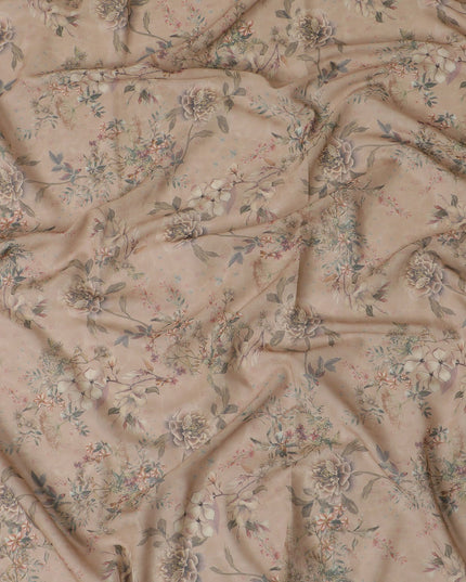 Mud brown cotton voile fabric with multicolor print in floral design-D17344 (1.25 mtrs)