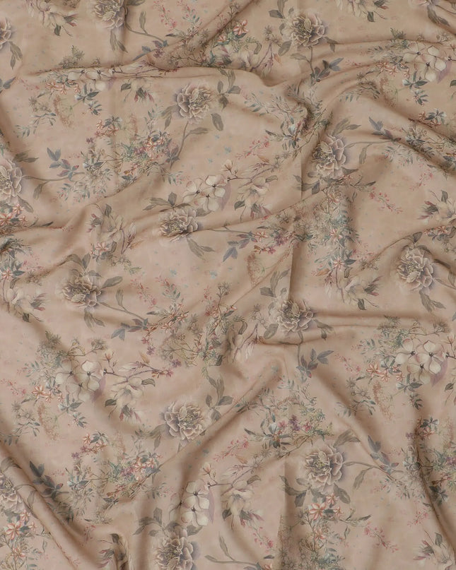 Mud brown cotton voile fabric with multicolor print in floral design-D17344 (1.25 mtrs) Regal Fabrics