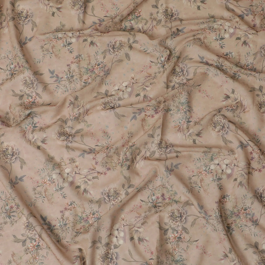 Mud brown cotton voile fabric with multicolor print in floral design-D17344 (1.25 mtrs) Regal Fabrics