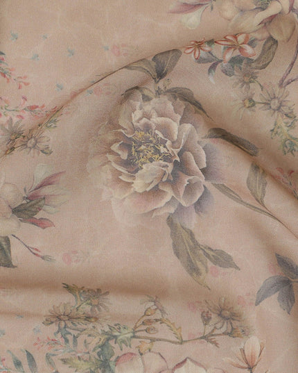 Mud brown cotton voile fabric with multicolor print in floral design-D17344 (1.25 mtrs)