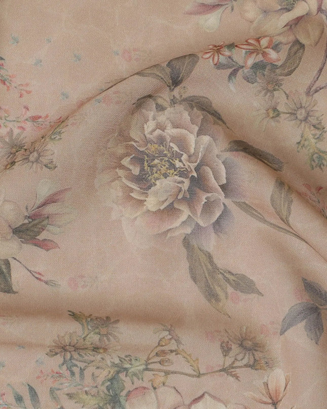 Mud brown cotton voile fabric with multicolor print in floral design-D17344 (1.25 mtrs) Regal Fabrics