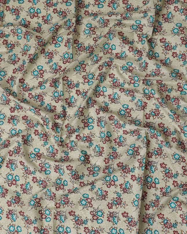 Tea green cotton lawn fabric with multicolor print in floral design-D17346 (2 mtrs) Regal Fabrics