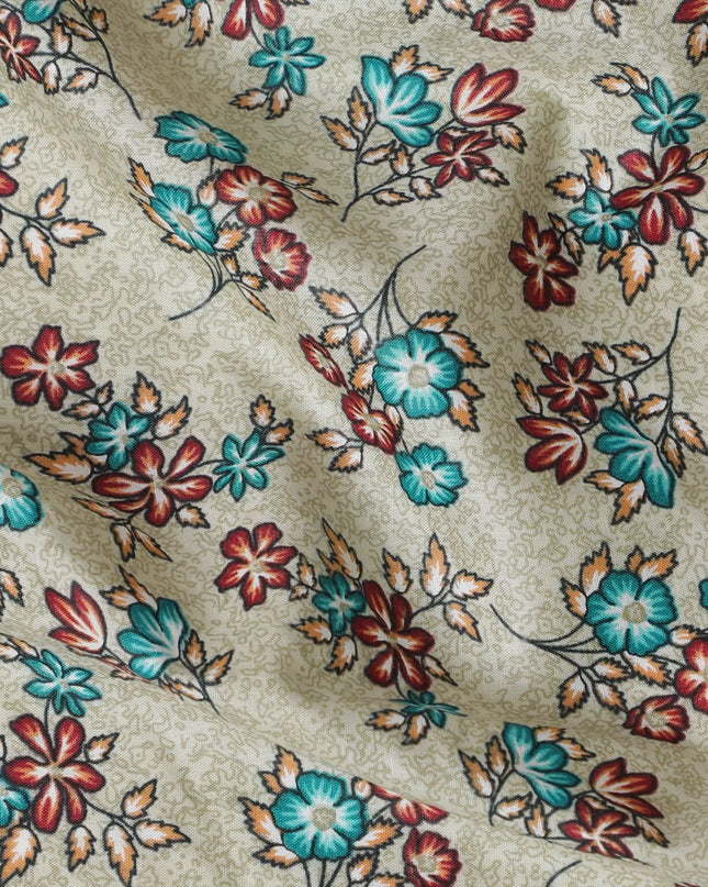 Tea green cotton lawn fabric with multicolor print in floral design-D17346 (2 mtrs) Regal Fabrics