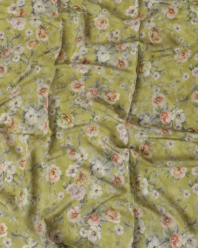 Olive green cotton satin fabric with multicolor print in floral design-D17347 (1.5 mtrs) Regal Fabrics