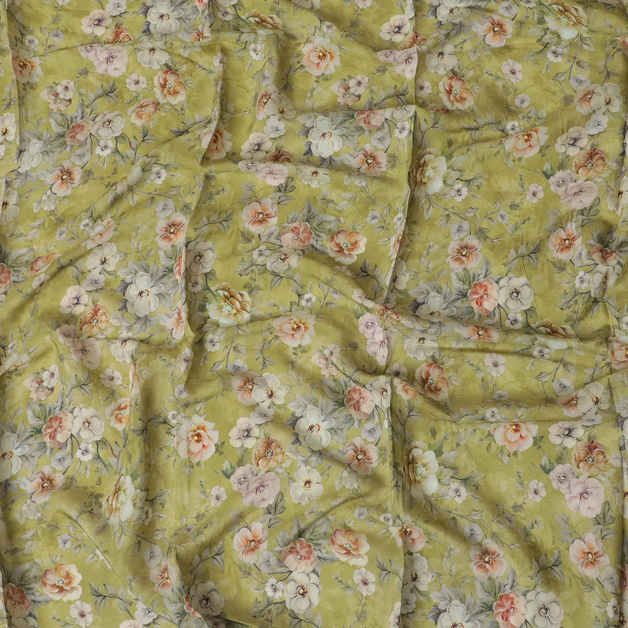 Olive green cotton satin fabric with multicolor print in floral design-D17347 (1.5 mtrs) Regal Fabrics