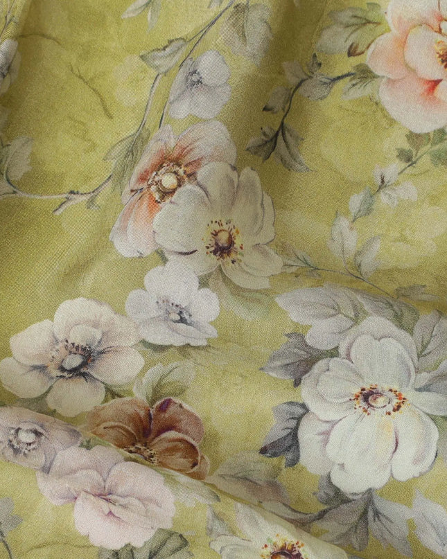 Olive green cotton satin fabric with multicolor print in floral design-D17347 (1.5 mtrs) Regal Fabrics