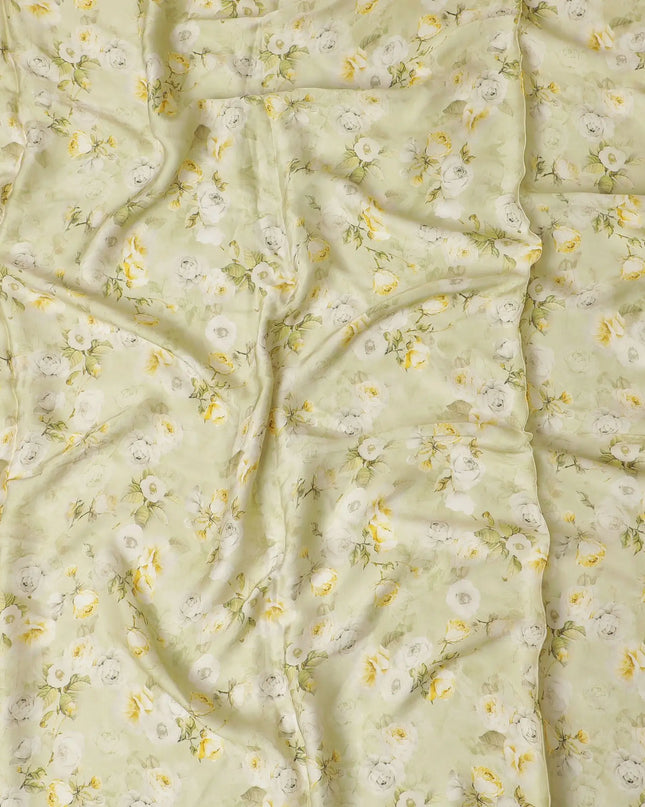 Pistachio green synthetic satin fabric with multicolor print in floral design-D17348 (2 mtrs) Regal Fabrics