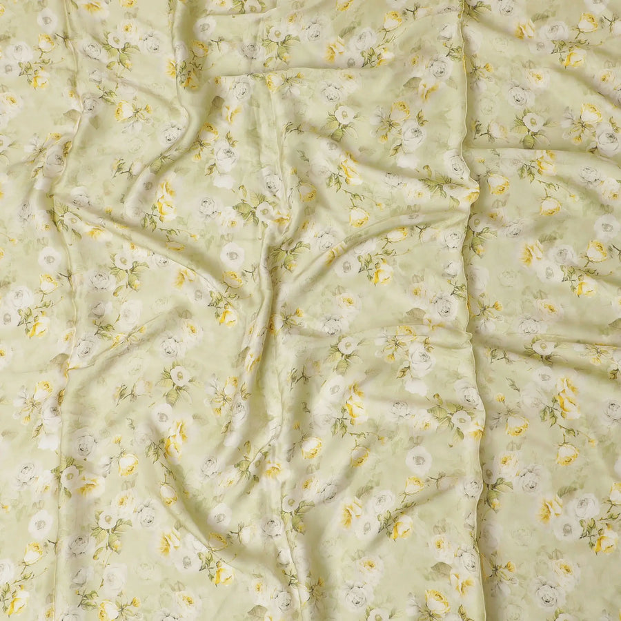 Pistachio green synthetic satin fabric with multicolor print in floral design-D17348 (2 mtrs) Regal Fabrics